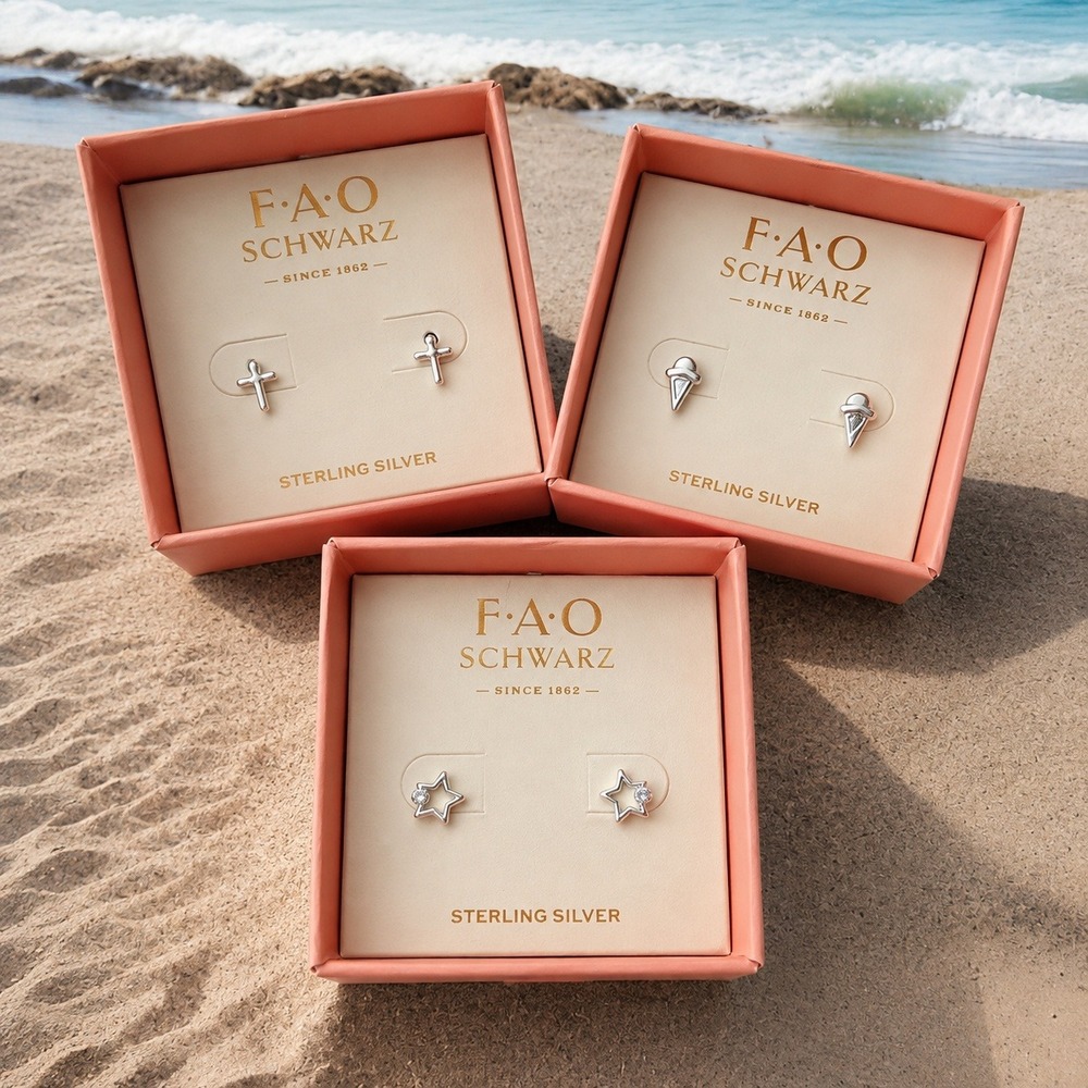 FAO Schwarz Kids Sterling Silver Stud Earring Set Cross Star Ice Cream 3 Pairs